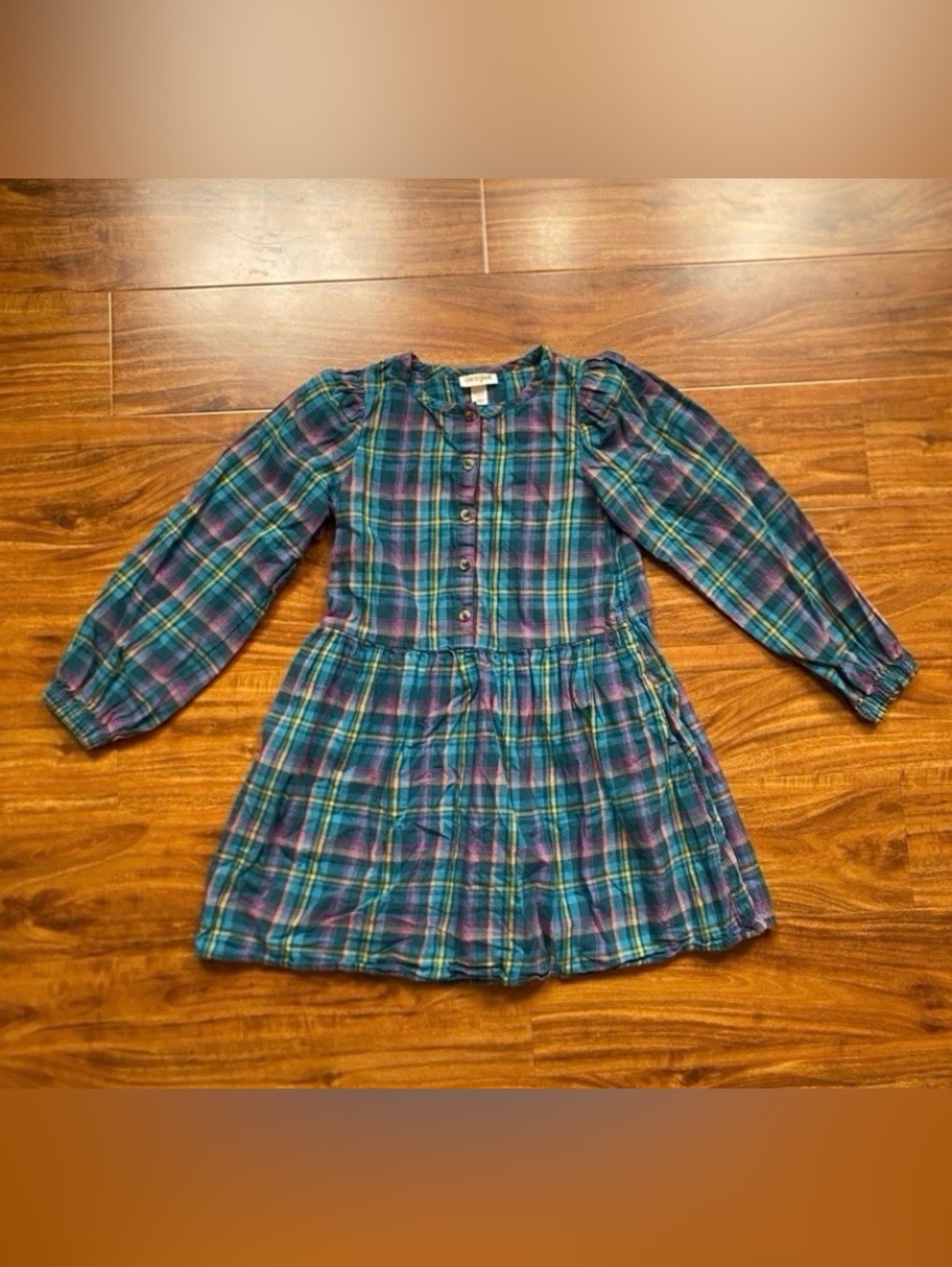 3/$25 Cat & Jack Girls Teal Plaid Soft Flannel Button Long Sleeve Dress Size 7/8